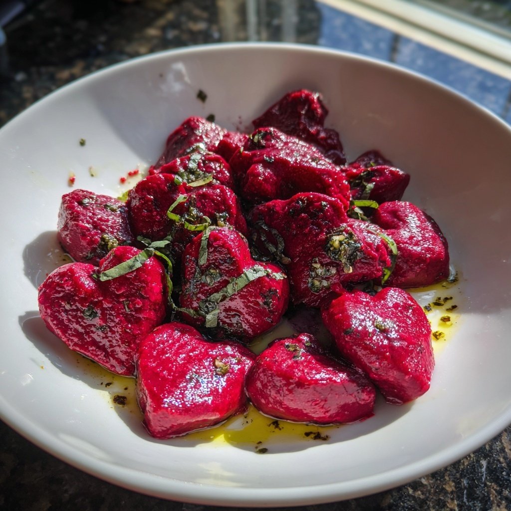 Heart-Shaped Beet Gnocchi with Cream Sauce